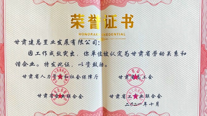 喜報！公司榮獲“甘肅省勞動關(guān)系和諧企業(yè)”榮譽(yù)稱號